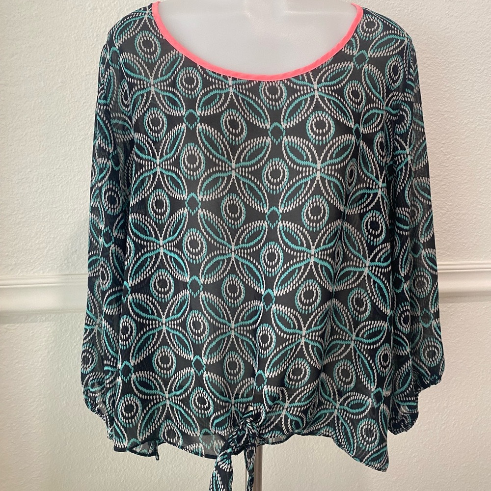 a.n.a Women's Sheer Blouse with Geometric Pattern - Black, Teal, and Pink